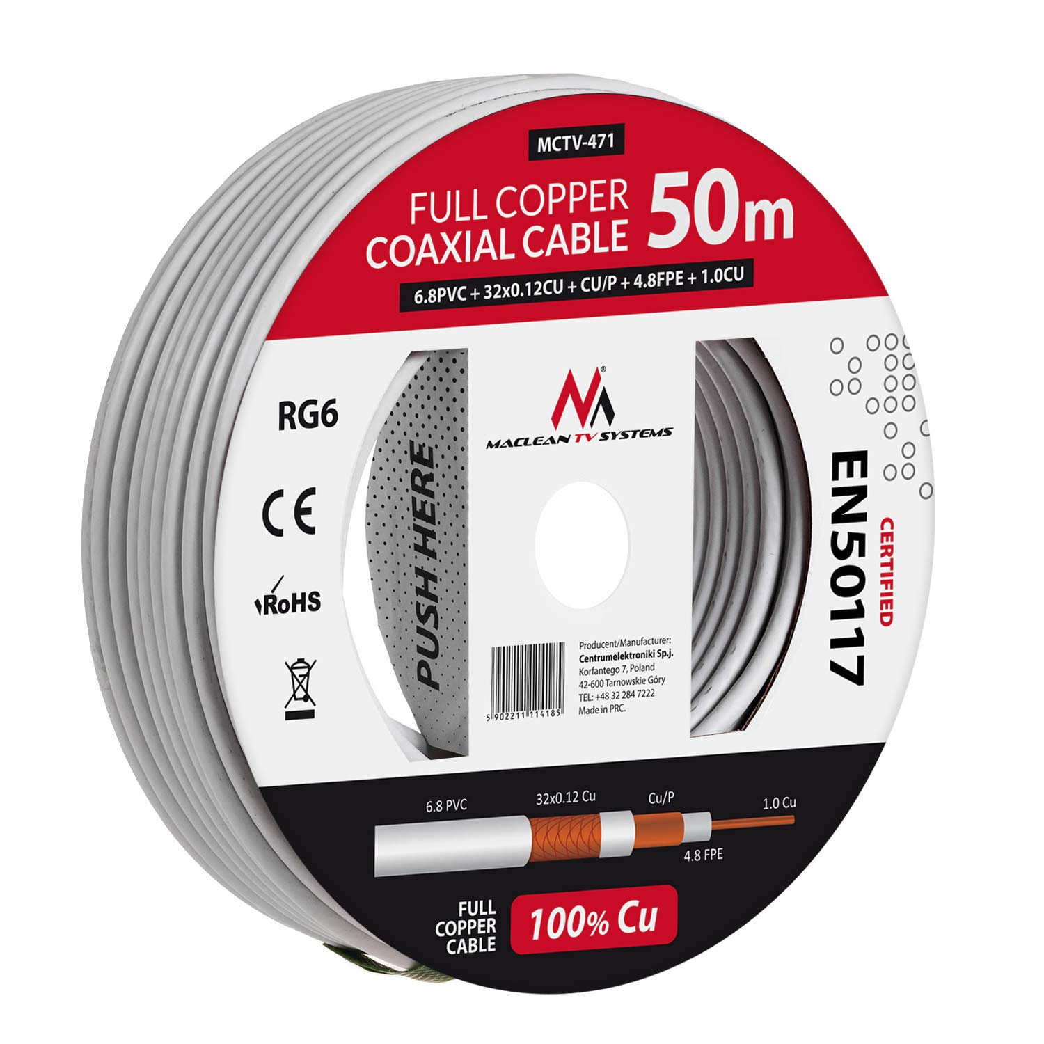 Maclean MCTV-471 Antennenkabel 50m RG6 Kupfer