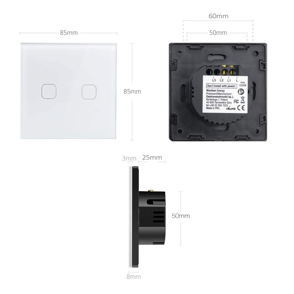 Maclean Energy MCE701W Touch-Lichtschalter weiß 1-fach eckig Glas