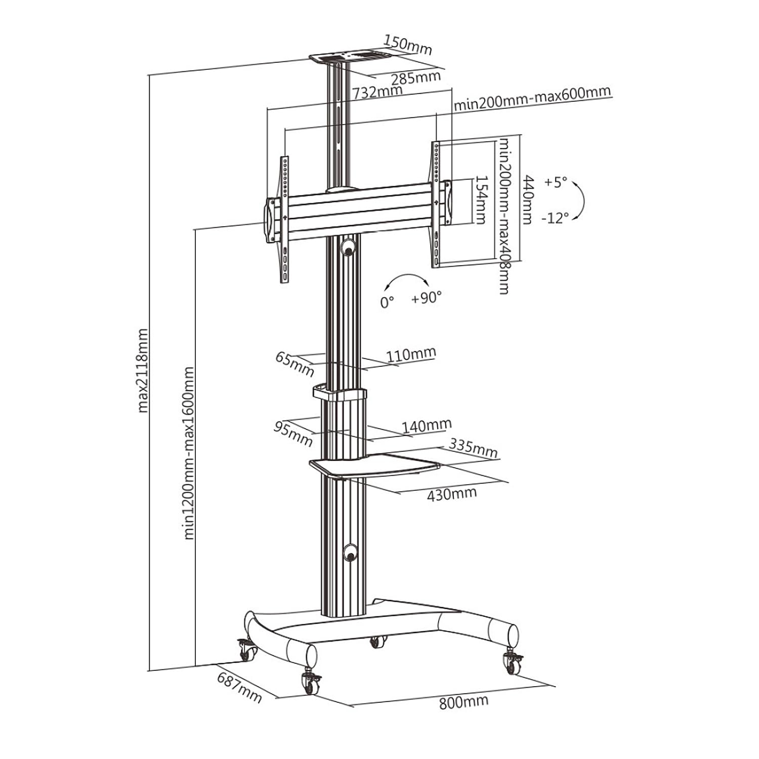 Maclean Energy MC-801 TV-Ständer 70" Rollen höhenverstellbar