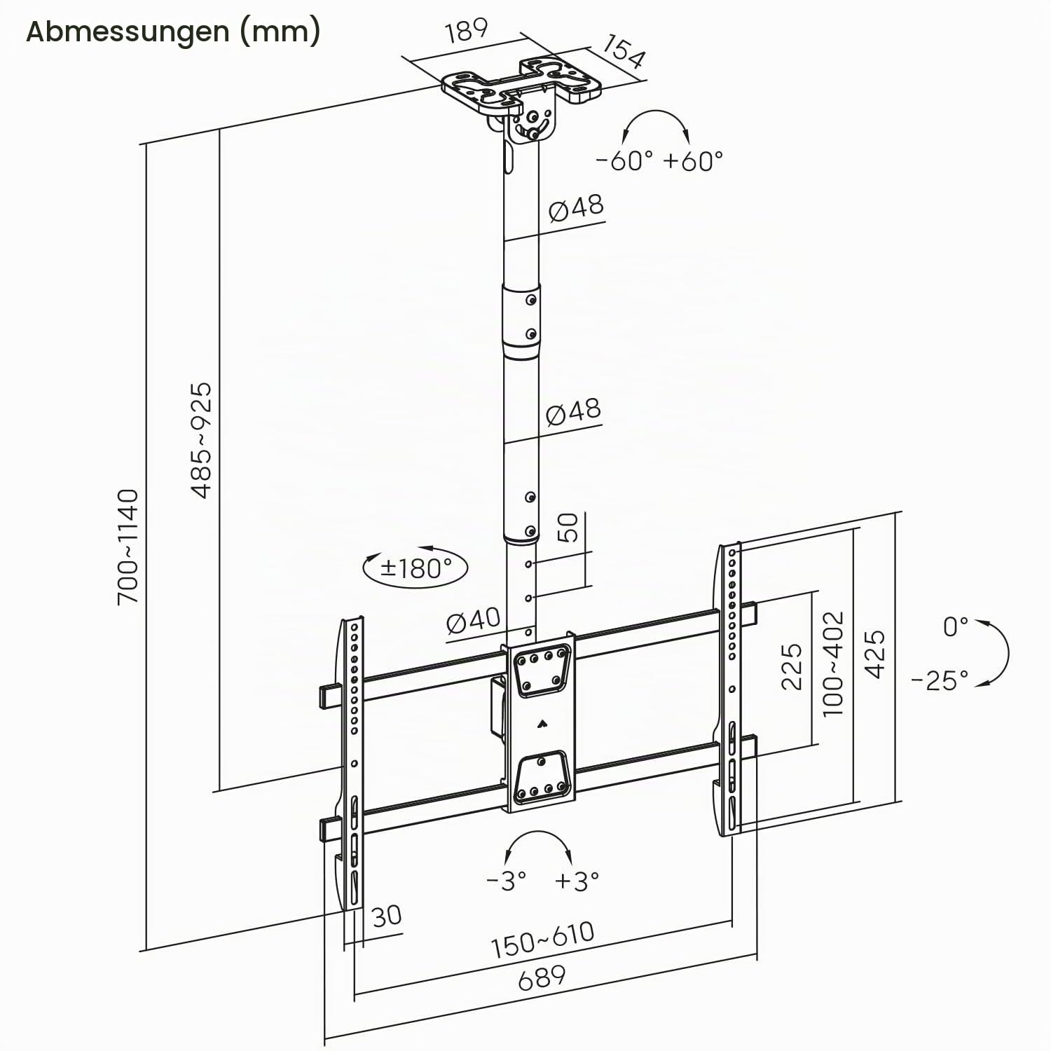 Maclean Brackets MC-112 TV-Deckenhalterung 43-86 Zoll schwarz