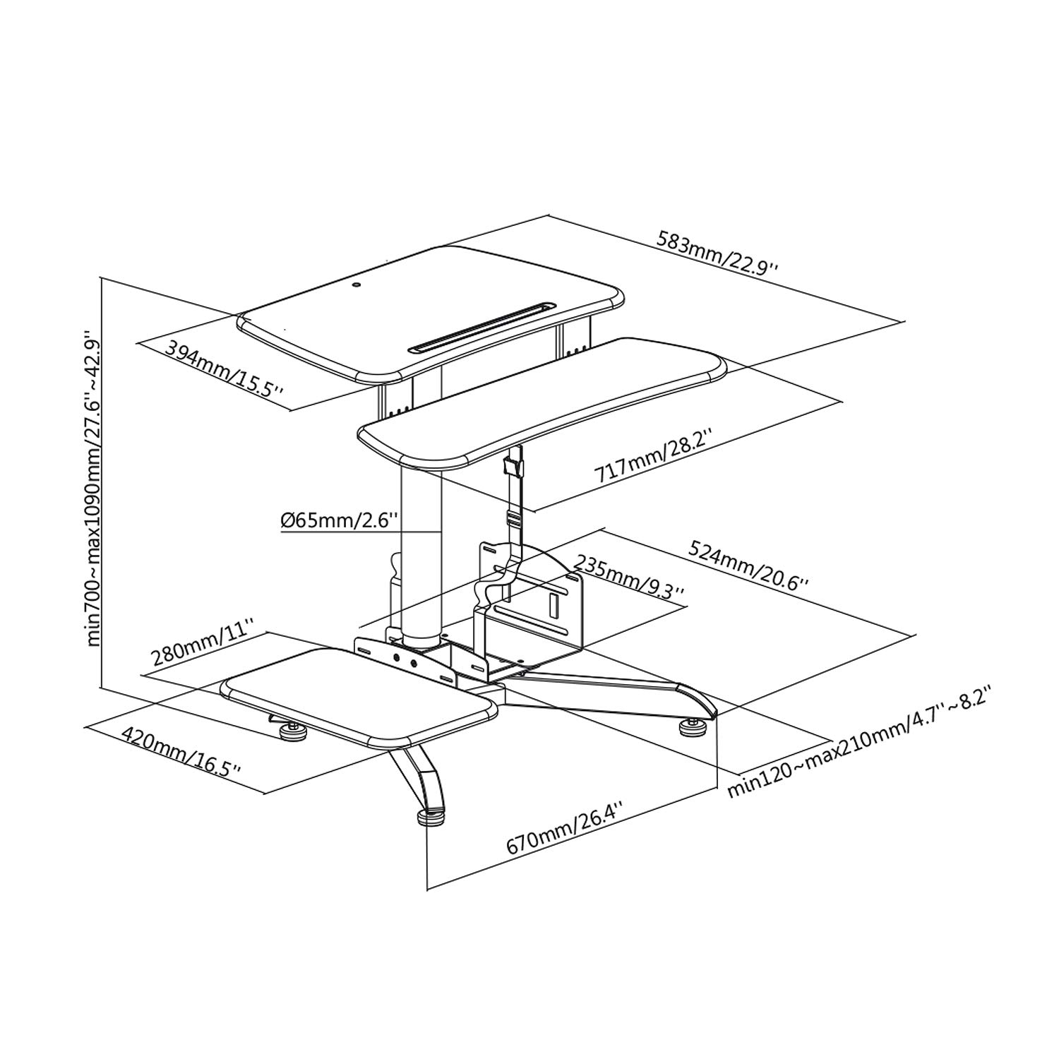 Maclean Brackets MC-848 Computertisch höhenverstellbar 70-109cm Gasfeder