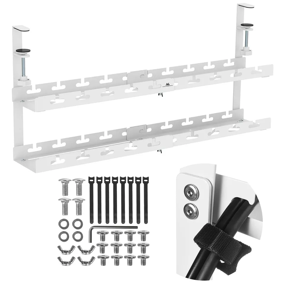 Maclean Brackets Kabelhalter Untertisch weiß 2 Ebenen 5 kg