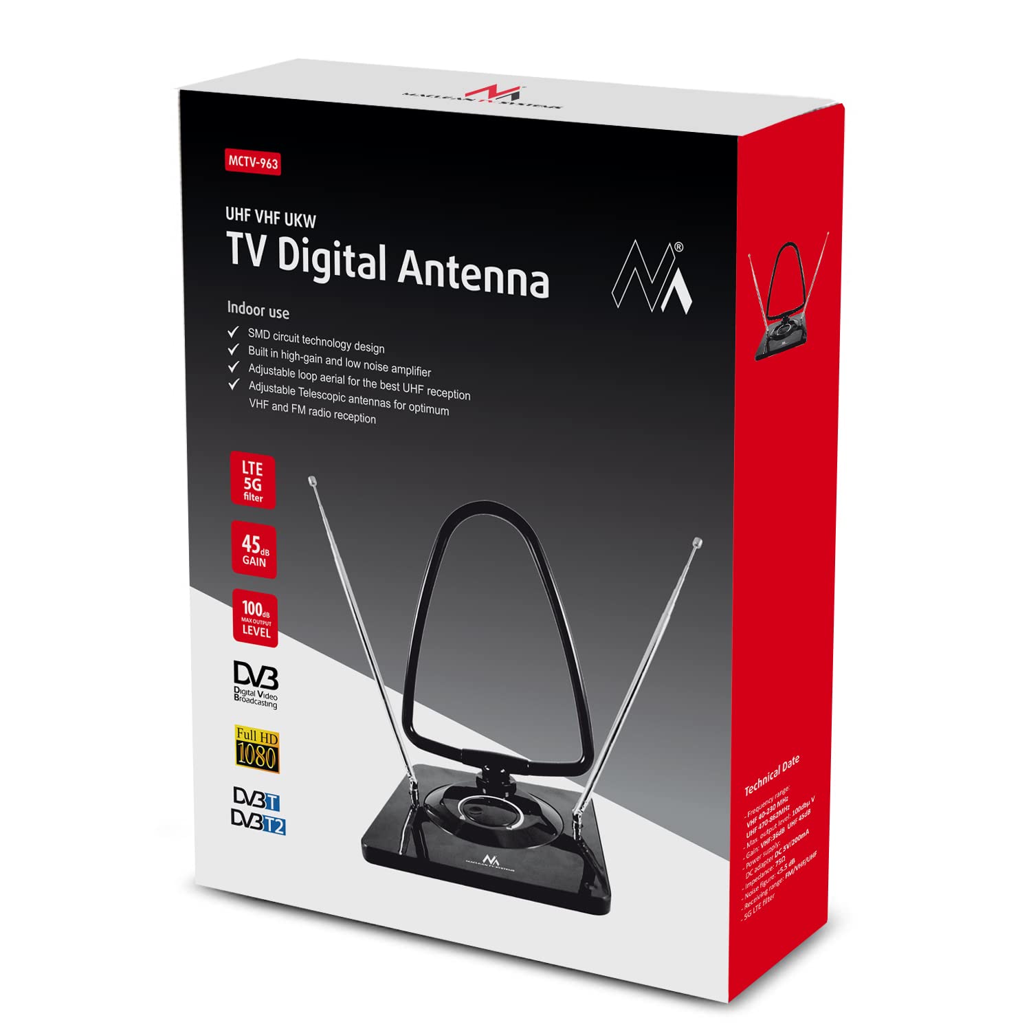 Maclean MCTV-963 DVB-T2 Zimmerantenne aktiv 45 dB