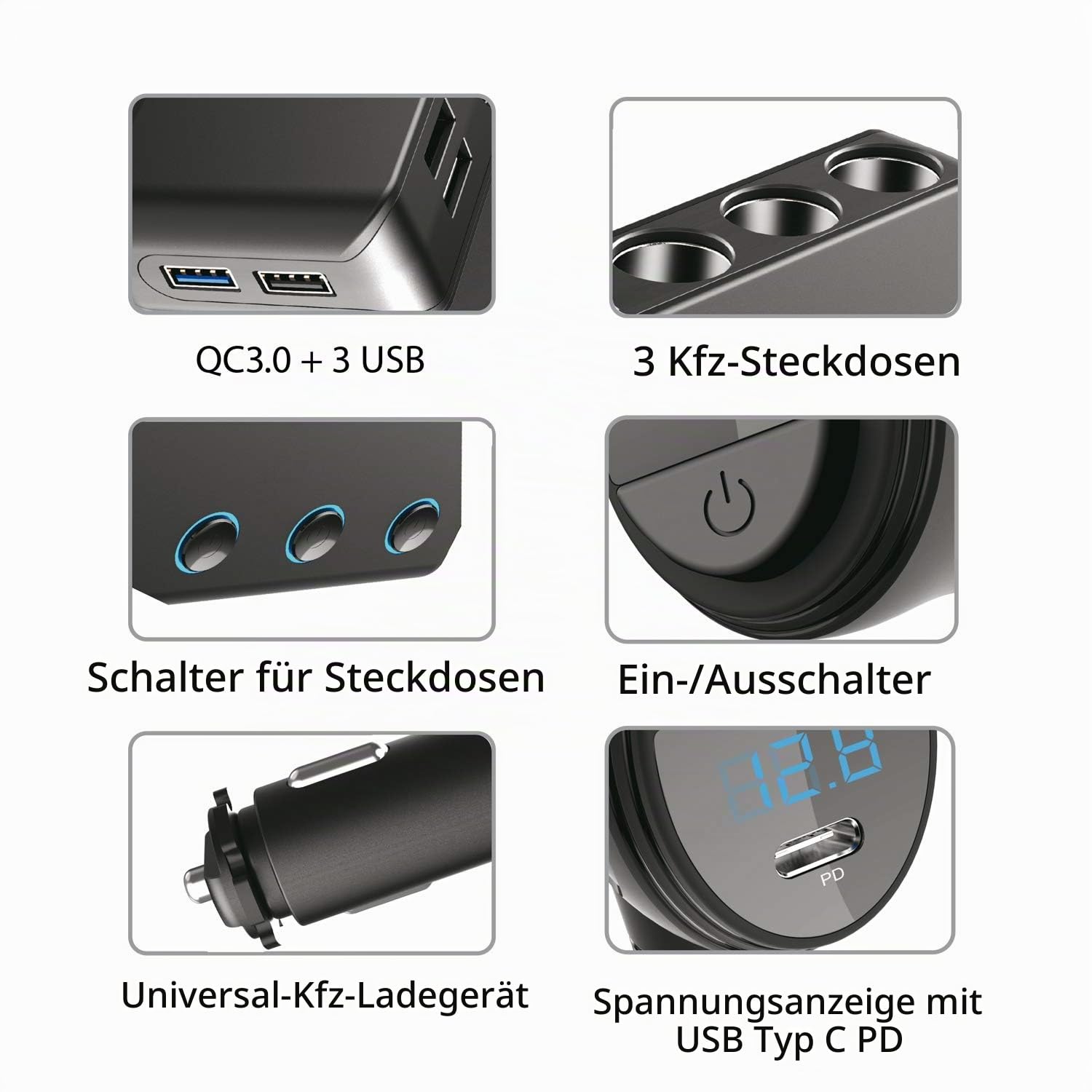 Maclean 3-Fach Kfz-Verteiler Zigarettenanzünder USB-C PD 18W