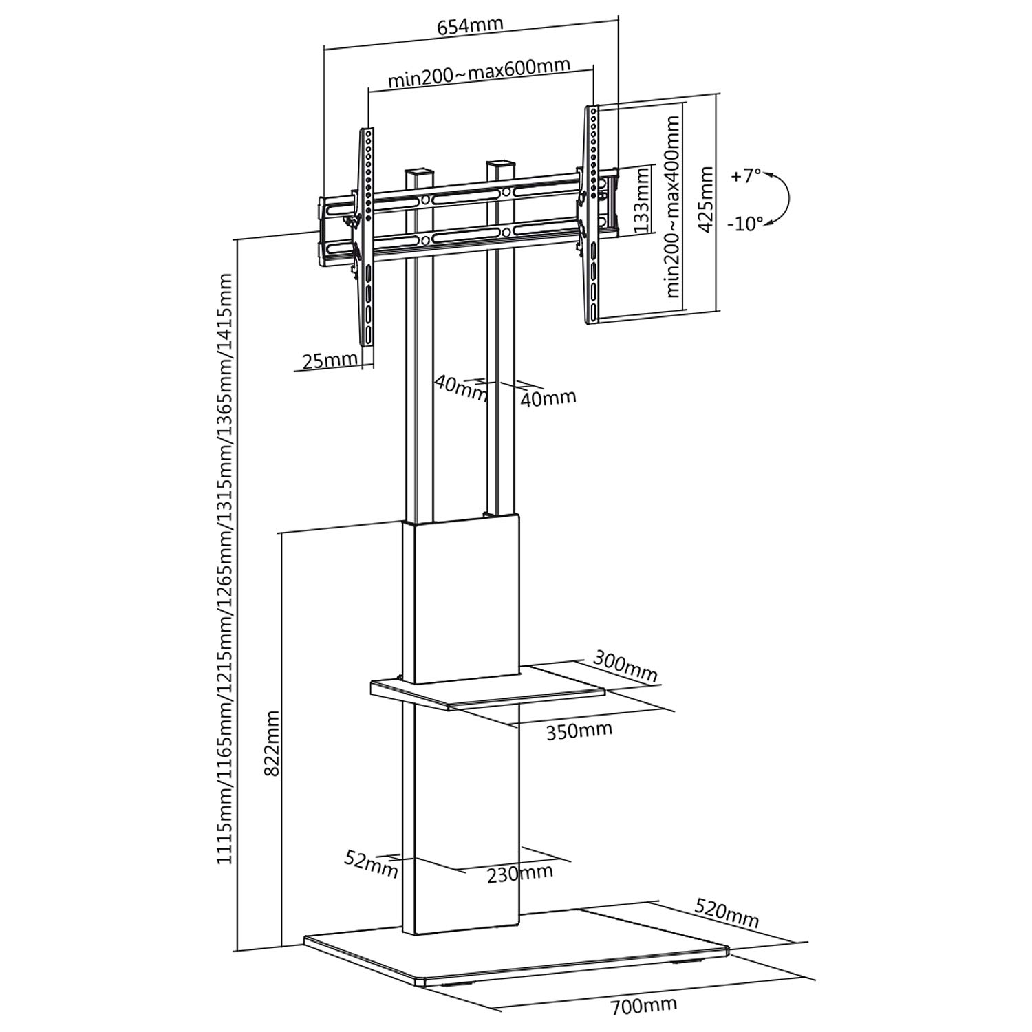 Maclean MC-865 TV Bodenständer 37-70" 40kg VESA 600x400 Regal